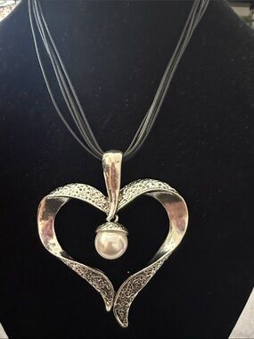 Silver Heart Pendant Necklace with Pearl Accent - Women Jewelry